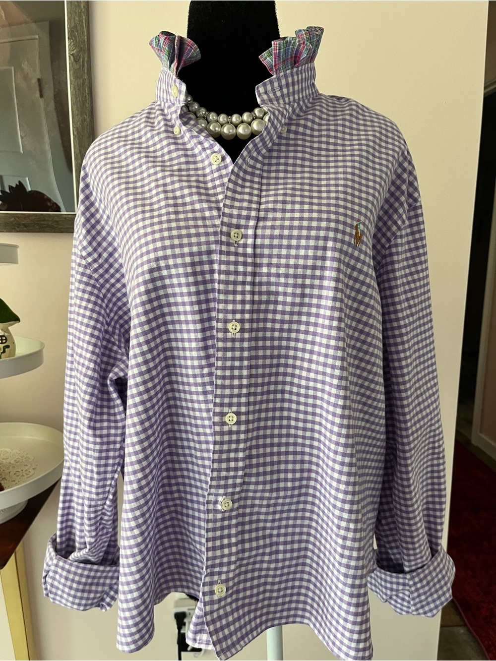 Upcycled Ralph Lauren Purple Gingham Button-Down with Multicolor Plaid Ruffle - Picture 2 of 7